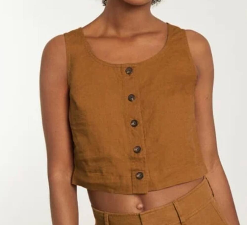 Everlane Linen Button Front Crop Tank Top Tawny Brown 4